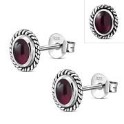 Medium Oval Garnet Stud Silver Earrings, e335
